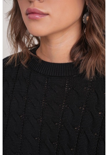 6863 Kadın Saç Örgülü Crop Triko Kazak Siyah Siyah