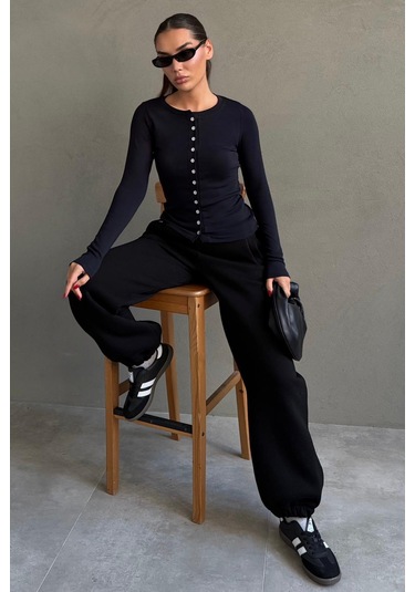 Siyah Geniş Paça Rahat Kalıp Lastikli Eşofman Altı Mg2581 SiYAH