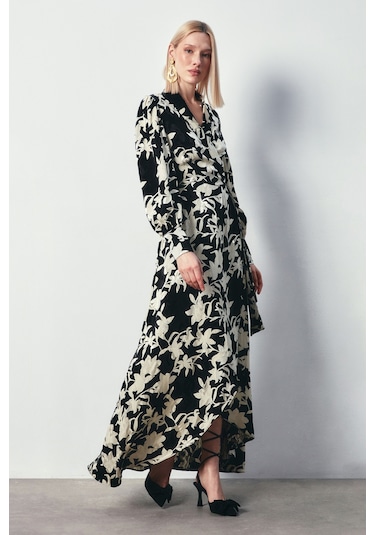 Sateen Çiçek Desenli Uzun Elbise - Siyah