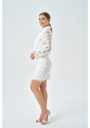Modatalika Kadın Ceket Etek Dantel Özel Tasarım İkili Takım Ekru