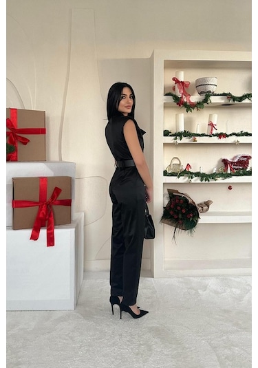 Ahes Shopping Siyah Vatkalı Kemerli Tulum Siyah
