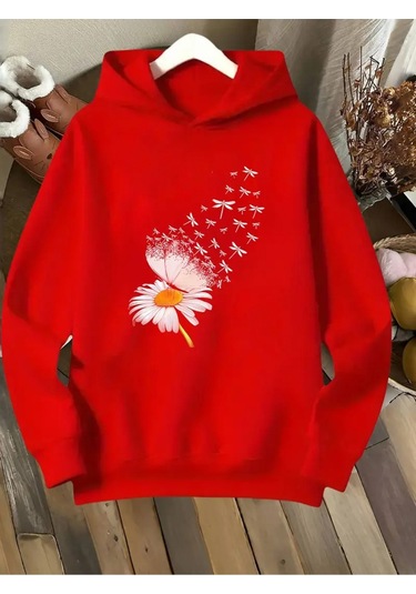 Kışlık Kapüşonlu Sweatshirt, Çocuk Papatya Kelebek Baskılı Kırmızı