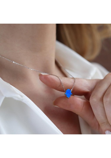 Mavi Opal Taşlı Fatma Ana Eli Gümüş Kolye Gümüş