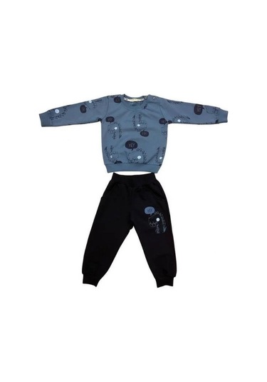 Erkek Bebek Dinazor Baskılı Pamuklu Eşofman Takım-15176 İndigo