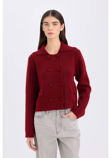 DeFacto Regular Fit Polo Yaka Basic Düz Düğmeli Triko Hırka E2289AX24WNBR93 Bordo