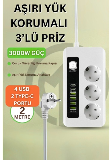 Pro P10 3x Priz 3000w Akım Korumalı 4x Usb 2x Type-c Girişli Çoklu Priz 0.2 M