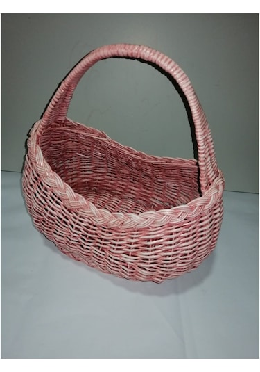 Hasır Eskitme Pembe Masa Üstü Meyvelik Mini Piknik Sepeti