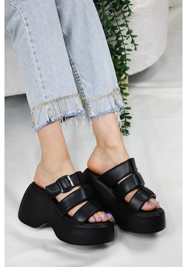 Asmi Shoes Kadın Mikeno Üç Biyeli Toka Detaylı Kalın Taban Ortopedik Terlik Siyah Siyah