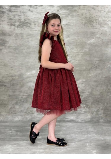 Riccotarz Kız Çocuk Omzu Fırfırlı Parıldayan Bordo Elbise Bordo