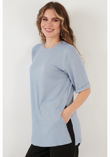 Lela Oversize Bisiklet Yaka Yırtmaç Detaylı Bayan Bluz 5863683 Bebe Mavi