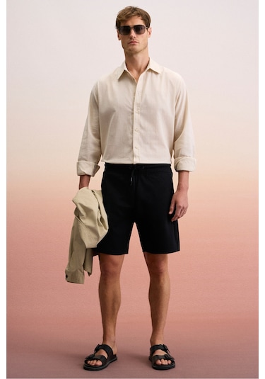 Grimelange TYRONE Erkek Beli Lastikli Arka Tek Cepli Relaxed Fit Siyah Şort