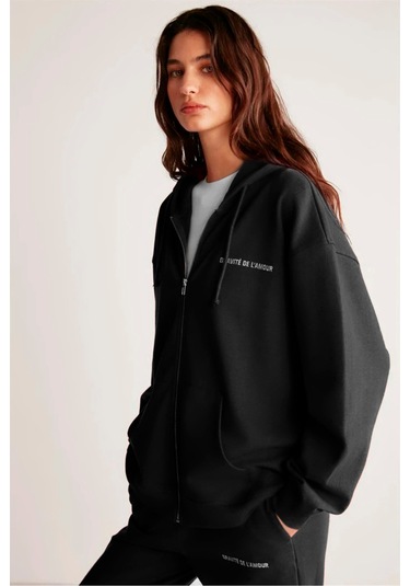 GRIMELANGE Ametıs Kadın Oversize Organik Pamuklu Metal Fermuarlı Kapüşonlu Siyah Sweatshirt Siyah