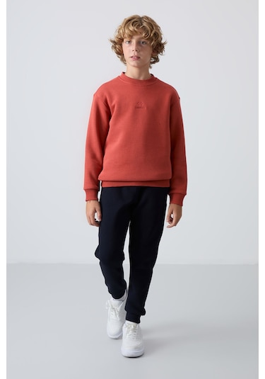 Tommy Life Kiremit-lacivert Pamuklu Kalın İçi Tüylü Yumuşak Dokulu Standart Fit Nakışlı Erkek Çocuk Eşofman Ta Kiremit