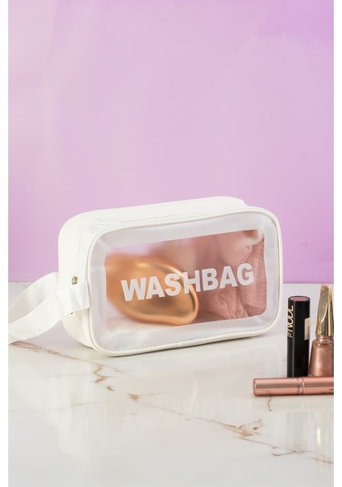 Porsima 3140-1 Şeffaf - Beyaz Seyahat Ve Makyaj Çantası Su Geçirmez Organizer Washbag 21x13cm