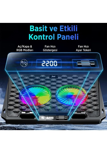 Juo Odin Rgb Işıklı Gaming 2200rpm Çift Fan Led Display Laptop Notebook Soğutucu Stand