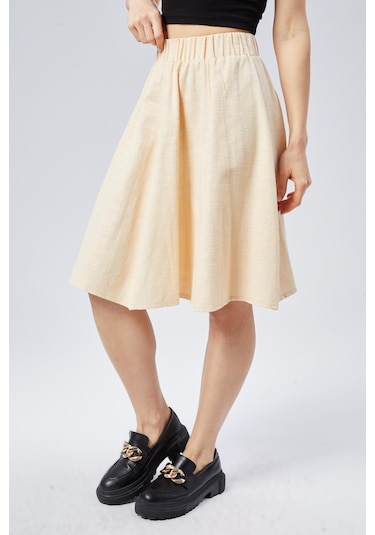 Nurören Flamlı Keten Midi Boy Kloş Etek-ekru-999 Ekru