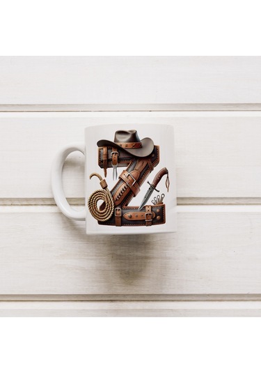 Z Harfi Kovboy Temalı Bardak 330 Ml İsim / Harf Kişiye Özel Hediye - Vahşi Batı Konsept Beyaz