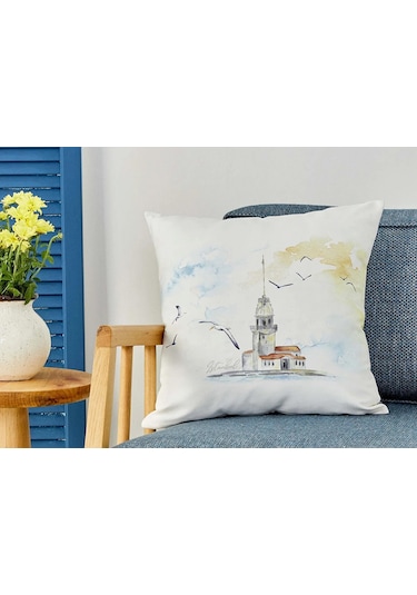 Karaca Home Kız Kulesi Ekru Desenli İç Dolgulu Kırlent 45 45 Cm Şık Ve Keyifli Dekoratif Yastık Beyaz Sarı Uç