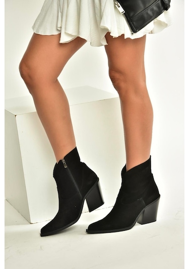 Fox Shoes V654081902 Siyah Hakiki Deri Süet Kalın Topuklu Western Kovboy Kadın Bot Siyah