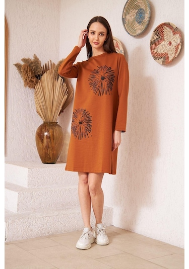 Darlin Moda Taba Baskılı Düğme Detaylı Tunik DM60346 Çok Renkli