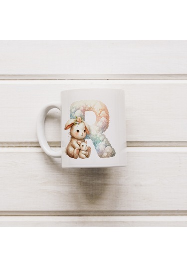 R Harfi Tasarım Bardak, Sevimli Hayvan Temalı Harf Bardağı Beyaz