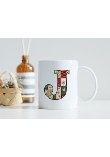 J Harfi Yılbaşı Temalı Kupa Bardak - Yeni Yıl Konsept Yamalı Efekt Tasarım - Noel Hediye Beyaz