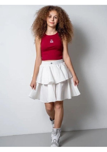 Kız Çocuk Poplin Beli Lastikli Kat Kat Tasarım Etek-15807 Beyaz