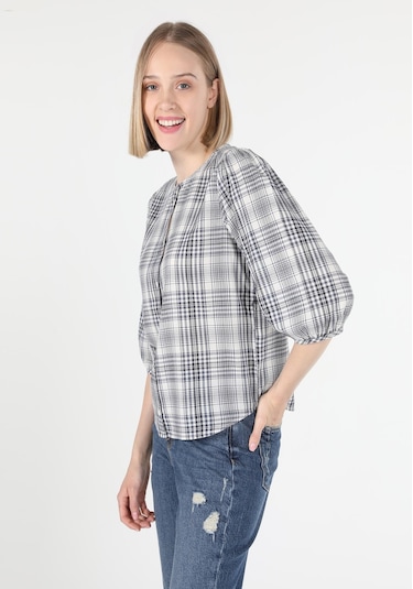 Colins Regular Fit Yuvarlak Yaka Ekoseli Kadın Lacivert Uzun Kol Gömlek Cl1059778 Q1.v2 Nav Lacivert