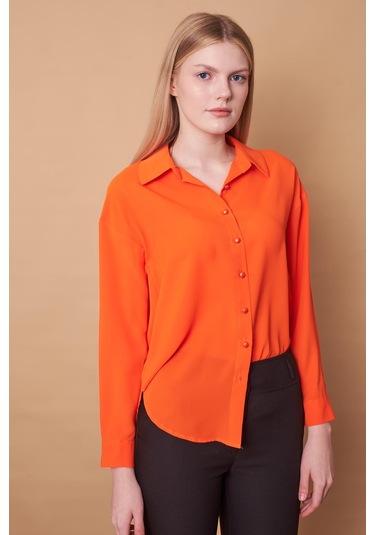 Kadın Yakalı Düşük Omuzlu Uzun Kol Likrasız Kumaş Gömlek-oranj Oranj