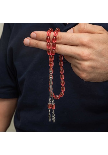 Gümüş Püsküllü Ateş Kehribar Tesbih Sl12592 Gümüş