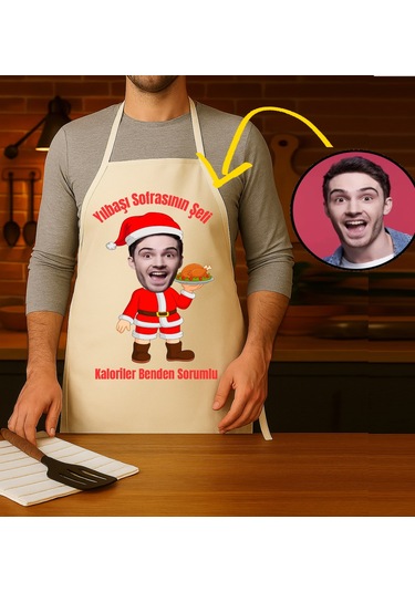 Kişiye Özel Karikatür Fotoğraflı Mutfak Önlüğü Yılbaşı Sofranın Şefi Çok Renkli