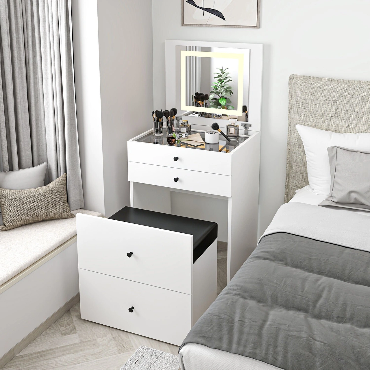 Luna Gizli Puflu Led Aynalı Makyaj Masası - Beyaz Beyaz