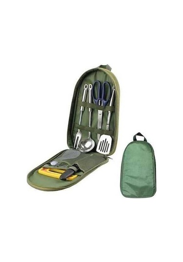 Tongxida 7 Parça Kamp Mutfak Eşyası Seti Turuncu Yeşil Taşıma Çantası Yeşil