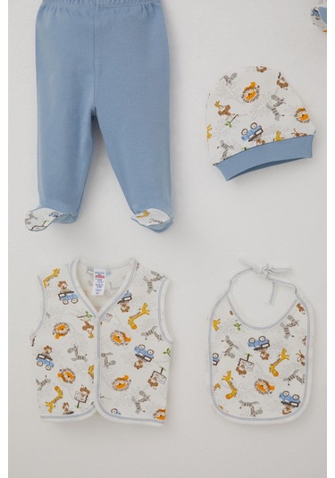 Breeze Erkek Bebek Hastane Çıkışı 8 Li Safari Macerası Sevimli Hayvancıklar Desenli 0-3 Ay, Ekru Ekru