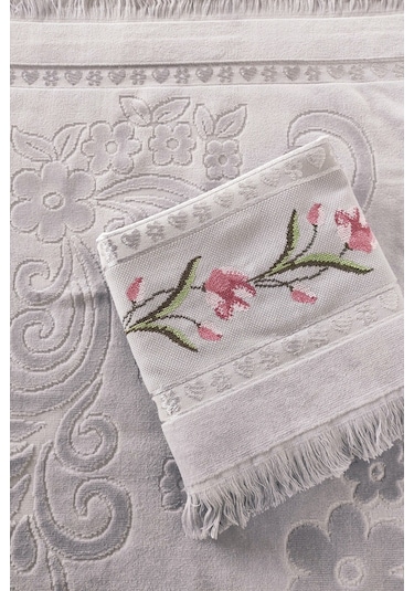 Gül Nakışlı Jakarlı Kadife El Yüz Havlusu - 50x90 Cm-gri Grı Gri