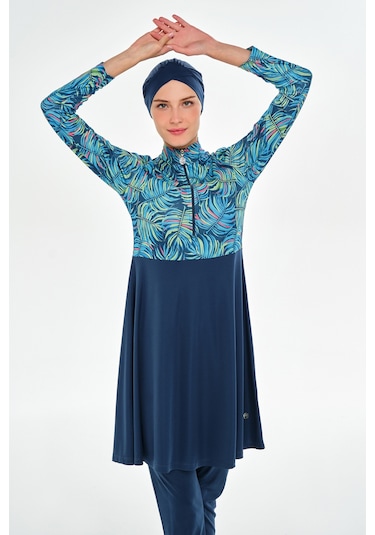 Yarım Fermuarlı Likralı Tam Kapalı Tesettür Mayo 3115 Açık Lacivert Açık Lacivert