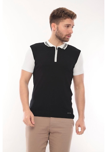 Fore Sport Tişört Kısa Kol Triko Polo Yaka Fermuarlı Siyah Beyaz