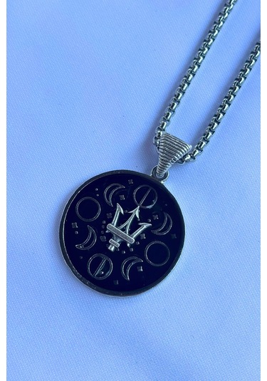 Mızraklı Ayın Evreleri El İşçiliği Paslanmaz Çelik Zincir Erkek Kolye Gümüş