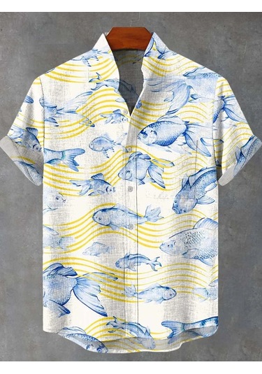 Snapbuy Retro 3d Sanat Baskılı Çizgili Balık Desen Keten Erkek Gömlekhaki Haki