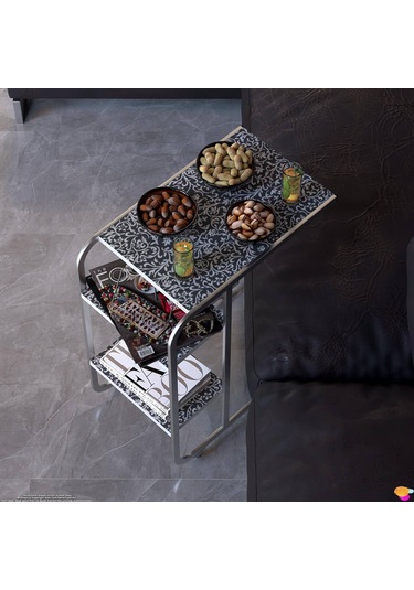 Modilayn C Yan Sehpa Dar Boy Tekerlekli Çalışma, Atıştırmalık, Yemek, Laptop Sehpası Siyah Desenli Siyah