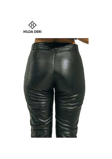 Hilda Deri Adel Siyah Hakiki Kuzu Derisi Cepsiz Pantolon 001