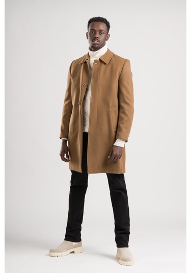 Yakalı Klasik Kesim Düğmeli Uzun Kaşe Erkek Kaban Taba