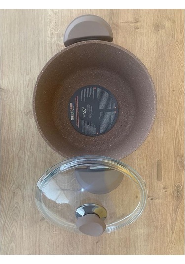 Oms Granit Cam Kapaklı Derin Tencere Kahve 22 CM