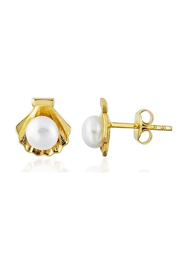 İstiridye İncili Altın Küpe Çivili 14K Gold