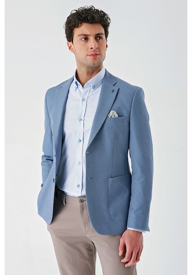 Örme Mono Yaka Çift Yırtmaç Likralı 6 Drop Slim Fit Dar Kesim Klasik Ceket 1002240138 - Açık Mavi