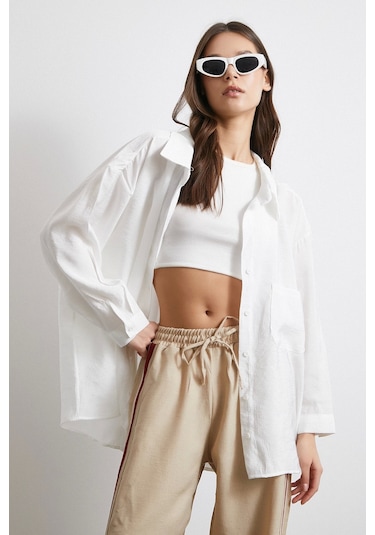Oversize Cepli Modal Gömlek Beyaz Beyaz