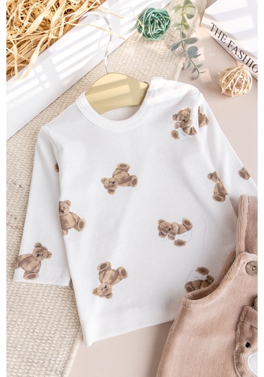 Fiğürlü Kışlık Kadife Erkek Bebek Salopet Tulum Set Kahverengi