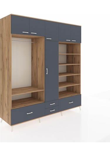 Kronos Dolap 18 Raflı 4 Çekmeceli Tek Askılı 220x59x243 Çam-antrasit/antrasit Antrasıt/antrasıt