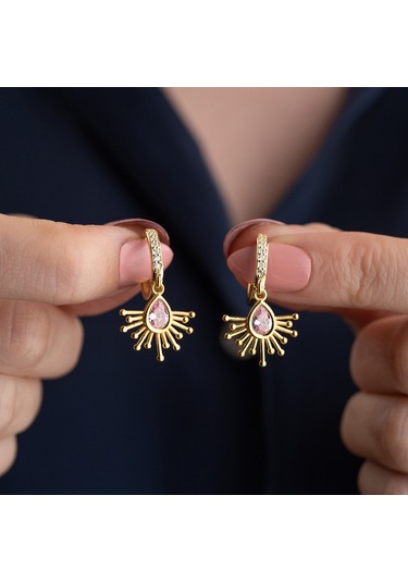 Vaoov 925 Ayar Gümüş Pembe Damla Taşlı Güneş Küpe Altın