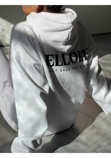 Beyaz Ellore Kadın Eşofman Takımı - Baskılı Oversize Beyaz